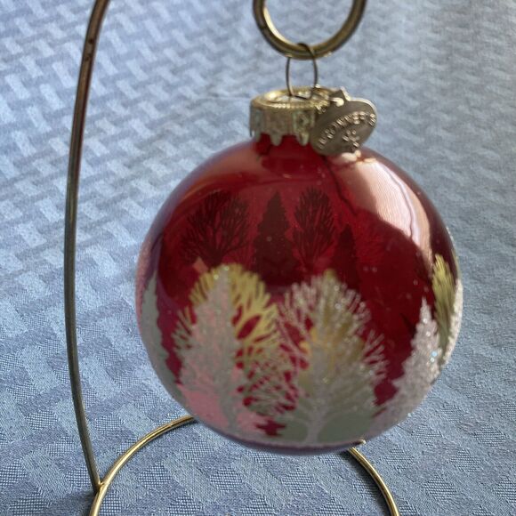 Bronner's Christmas Ornament GOLD Flocked Trees Hungary RED Glass Ball 3" Round - Picture 5 of 8